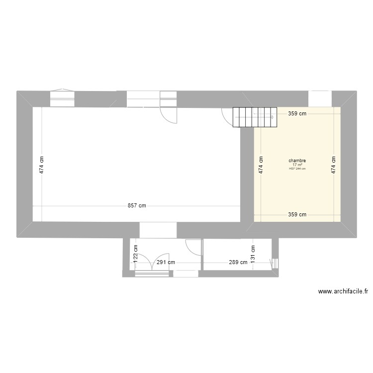 RDC modifié avec cotations. Plan de 1 pièce et 17 m2