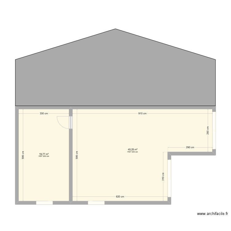 Garage modifié. Plan de 2 pièces et 65 m2