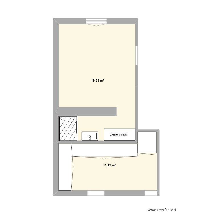 arrière cuisine + chambre RdC aménagement. Plan de 2 pièces et 30 m2