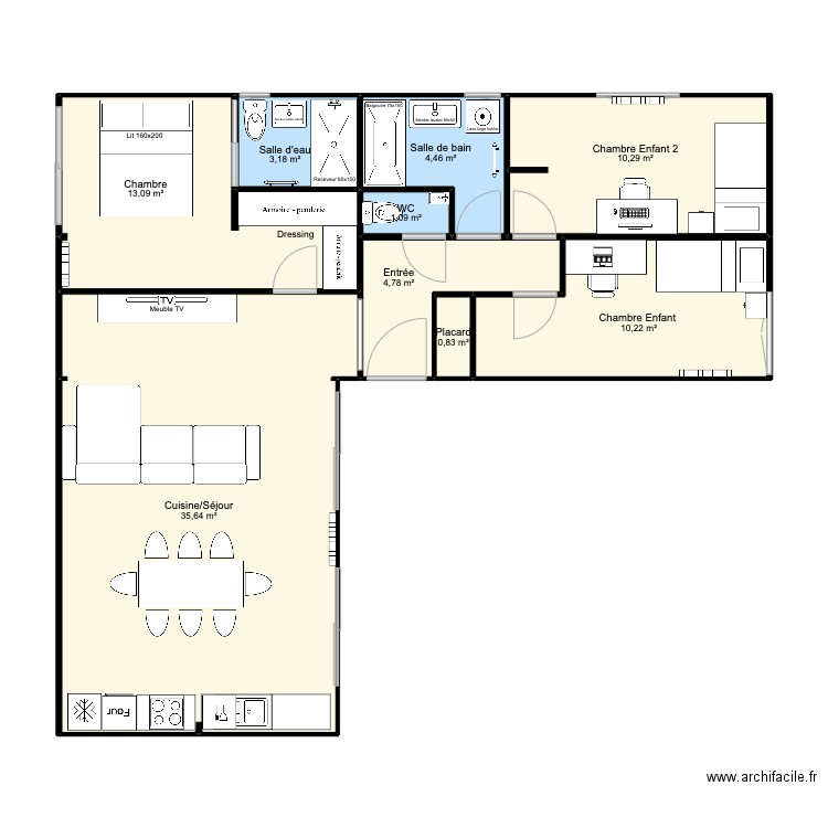 CONTENAIRE x3 V1. Plan de 9 pièces et 84 m2