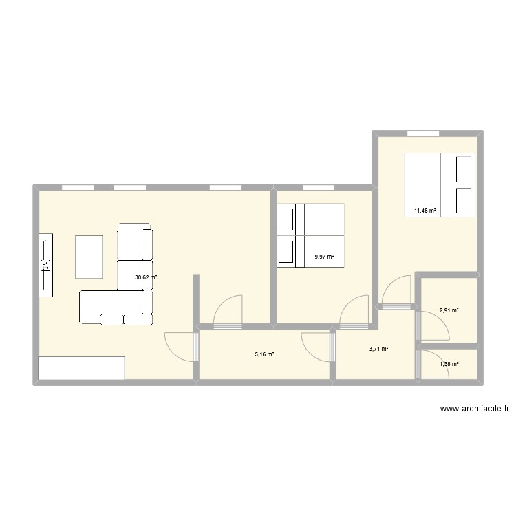 91700. Plan de 7 pièces et 65 m2