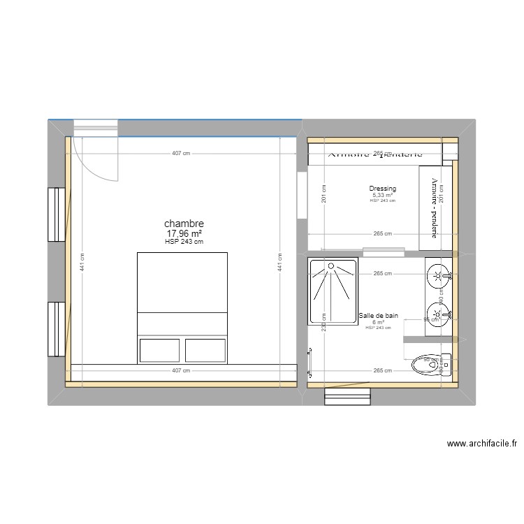 chambre parental. Plan de 3 pièces et 29 m2