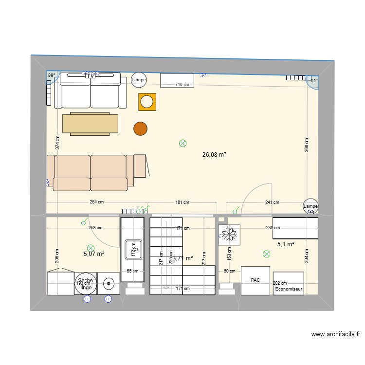 M1 SS technique. Plan de 5 pièces et 40 m2