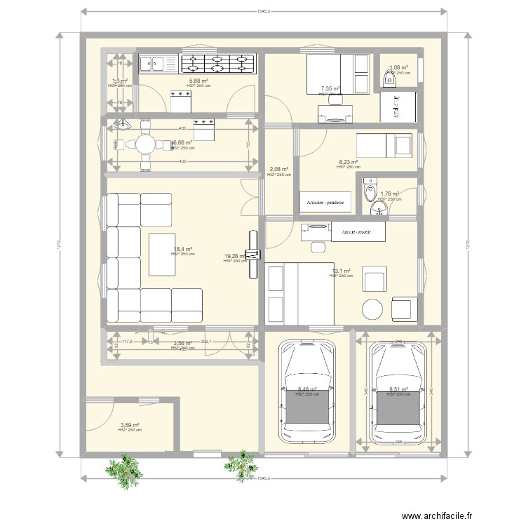 RDC. Plan de 15 pièces et 107 m2