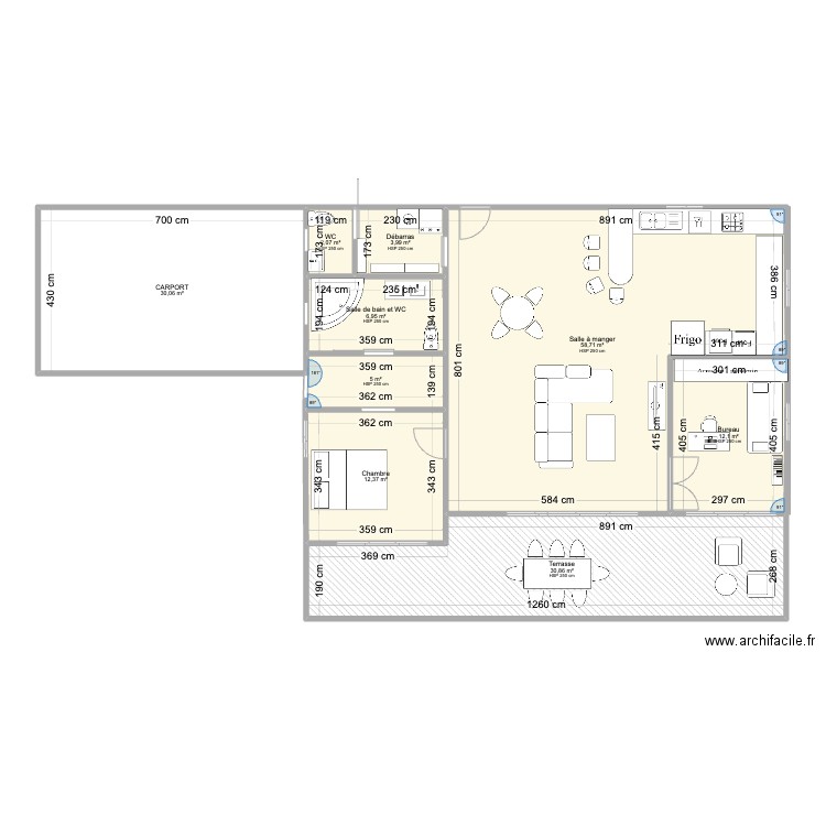 PLAN MAISON F3 3 modules 9x3,6 + terrasse. Plan de 9 pièces et 162 m2