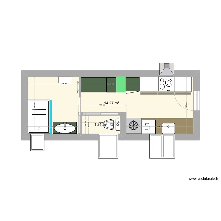 maman. Plan de 2 pièces et 15 m2