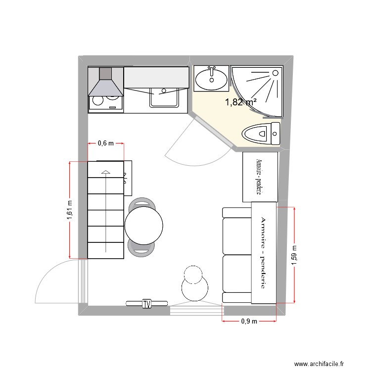 rennes V3. Plan de 1 pièce et 2 m2