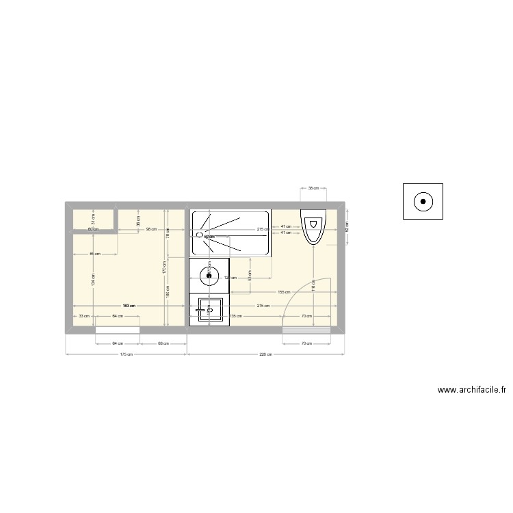 Cuisine/sdb 82. Plan de 3 pièces et 6 m2