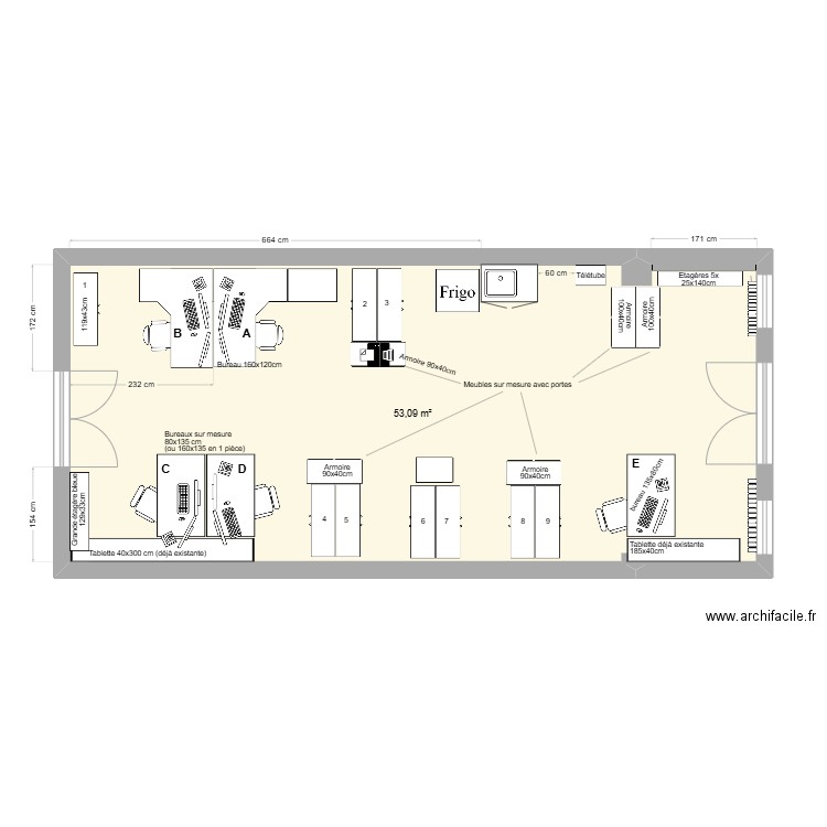 Bureau Implants XL Essai extension. Plan de 1 pièce et 53 m2