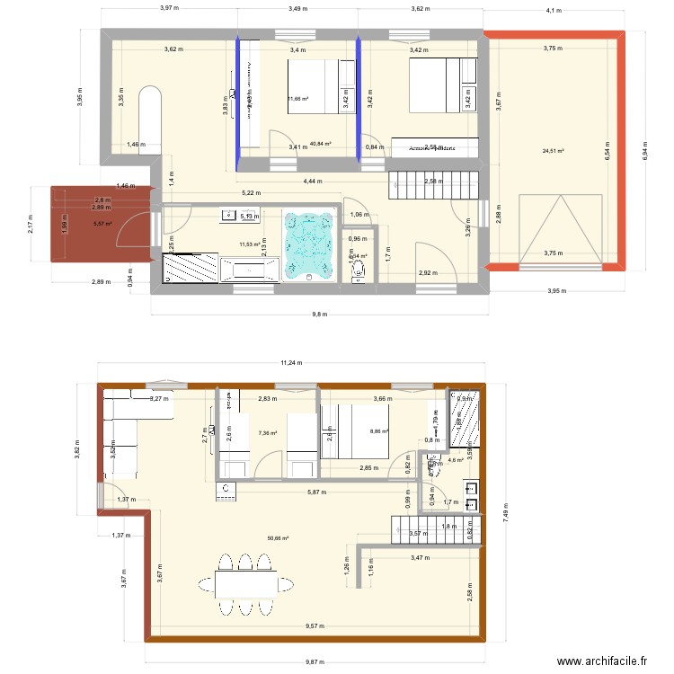 chalet rdc espace sauna devant  _ sdb etage fond. Plan de 10 pièces et 167 m2