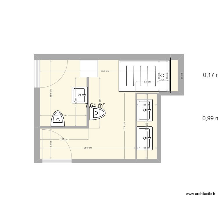 SDB. Plan de 3 pièces et 9 m2