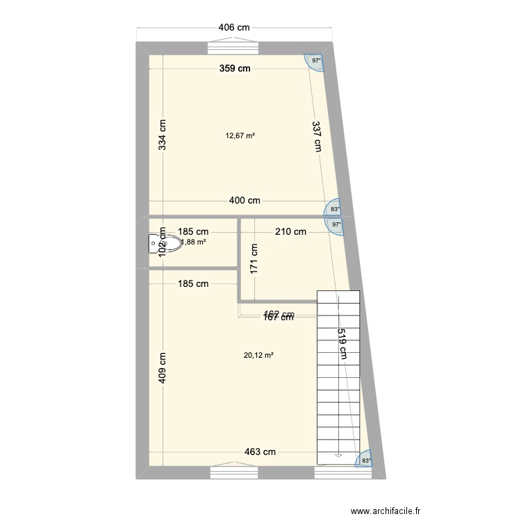 niveau 3 felletin vide B. Plan de 3 pièces et 35 m2