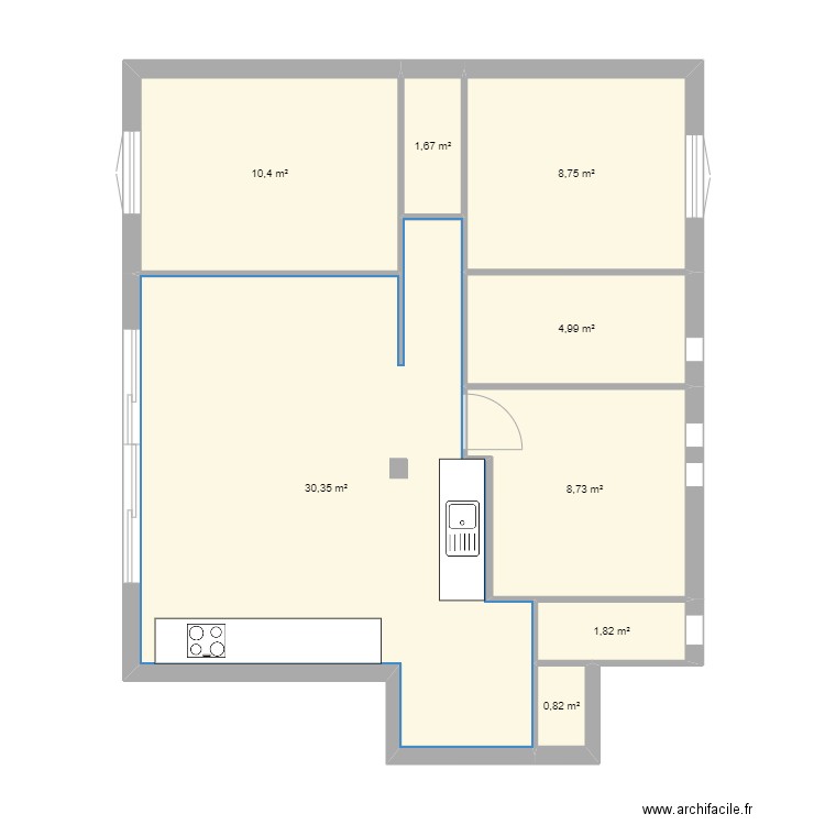 sans modif SDB et toilettes. Plan de 8 pièces et 68 m2