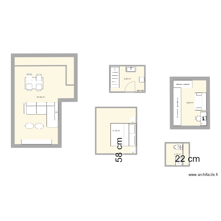 piece part piece. Plan de 5 pièces et 56 m2