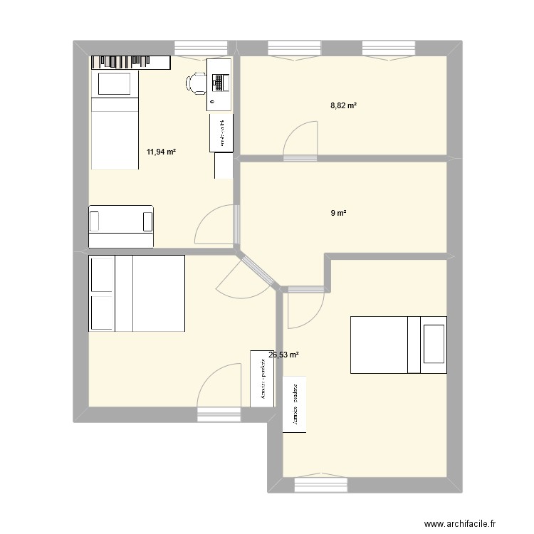 etage. Plan de 4 pièces et 56 m2