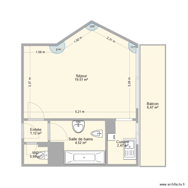 studio. Plan de 8 pièces et 36 m2