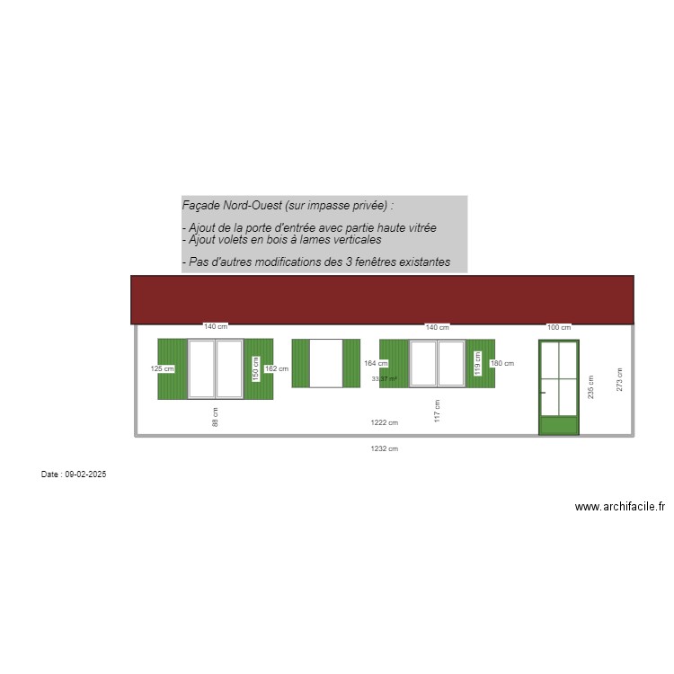 Plan façade N/E. Plan de 1 pièce et 33 m2