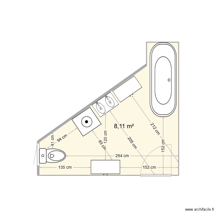 salle de bain actuel. Plan de 1 pièce et 8 m2