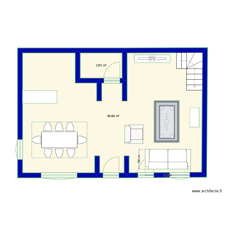 rdz chaussé. Plan de 2 pièces et 52 m2