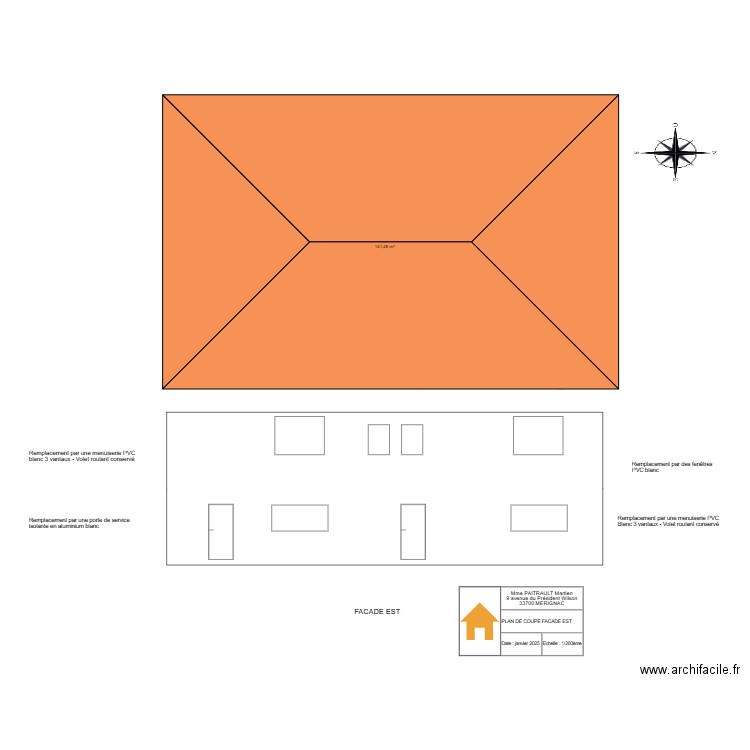 PLAN PAITRAULT Martine - FACADE EST DETAILLEE. Plan de 2 pièces et 260 m2