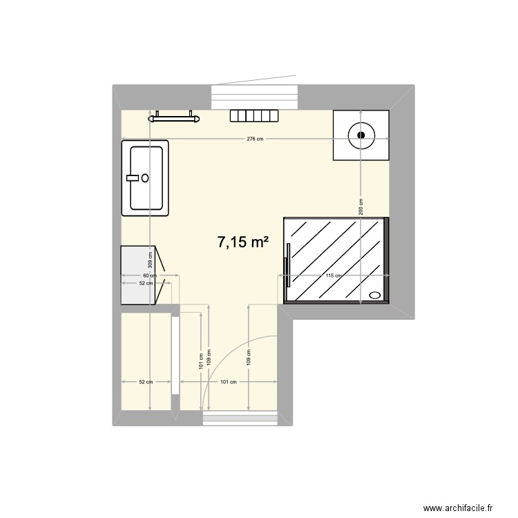 salle de bain existante . Plan de 1 pièce et 7 m2