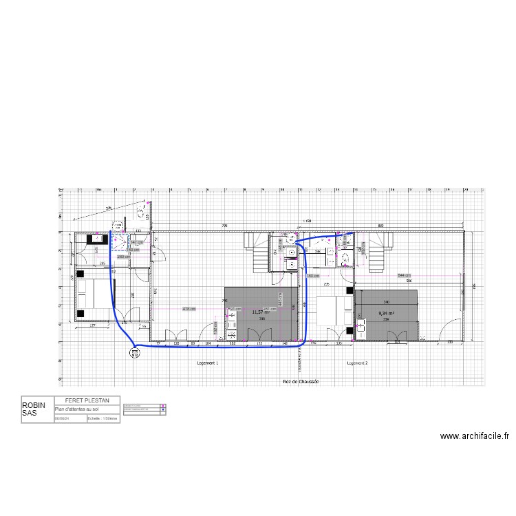 FERET. Plan de 2 pièces et 5 m2