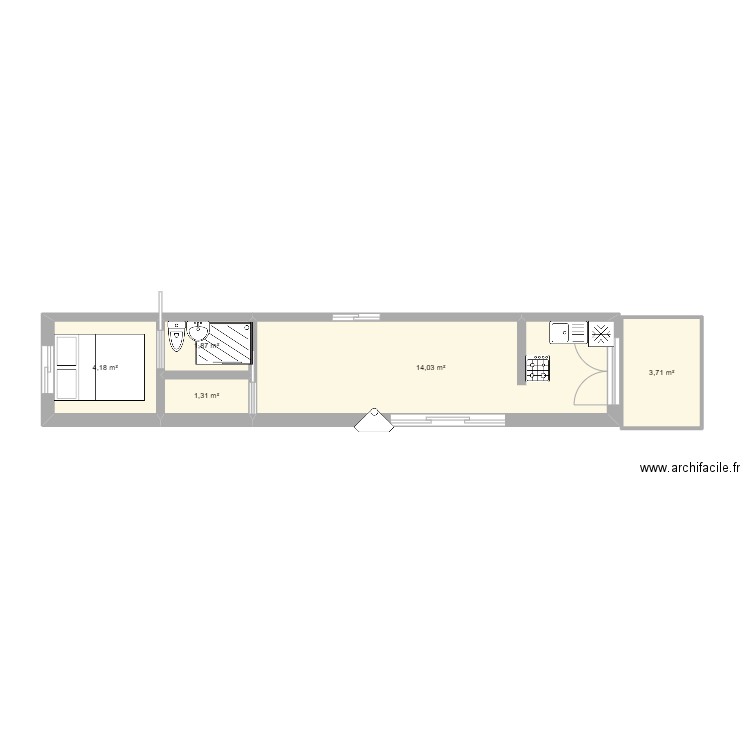 cuisine ouverte. Plan de 5 pièces et 25 m2