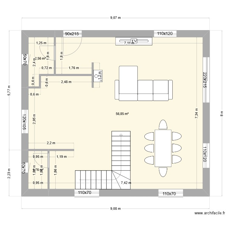 RDC DEF 2JORGE. Plan de 3 pièces et 61 m2