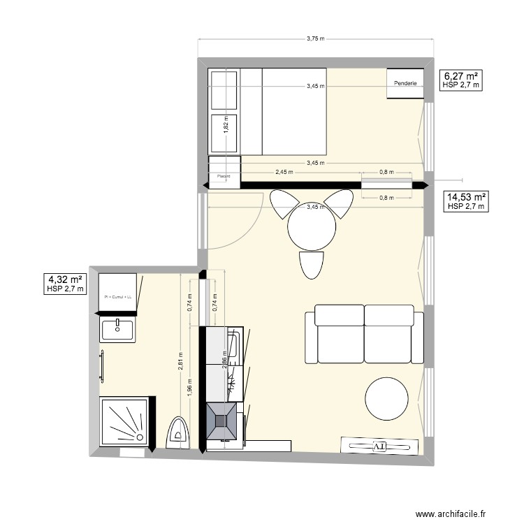 Studio - Plombieres v1. Plan de 3 pièces et 25 m2