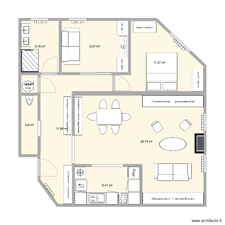 appartement 80 m2 Version 2. Plan de 8 pièces et 77 m2