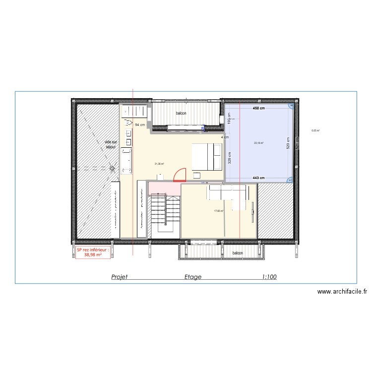 étage béné INVERSé. Plan de 4 pièces et 73 m2