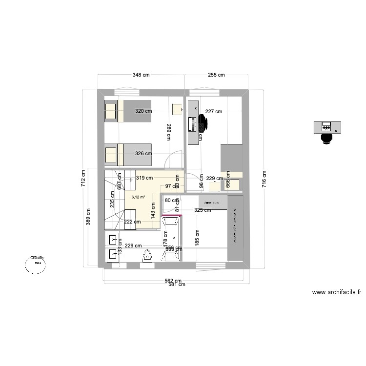 87 GS RDC avec extension 14 m2 (largeur ext 3,60). Plan de 1 pièce et 6 m2