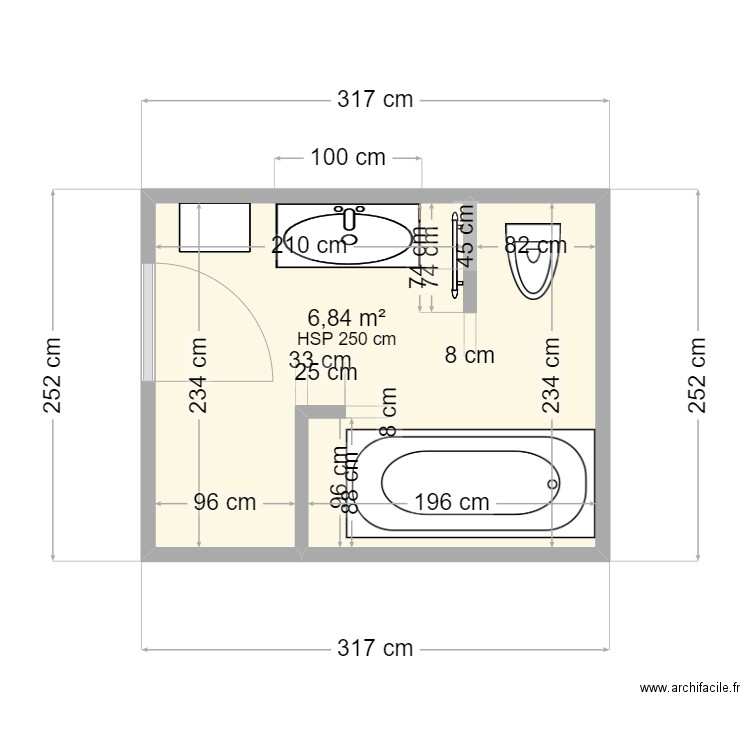 Salle de bain. Plan de 1 pièce et 7 m2