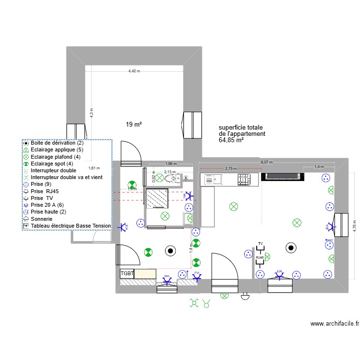 ELEC appartement Princesse. Plan de 1 pièce et 19 m2