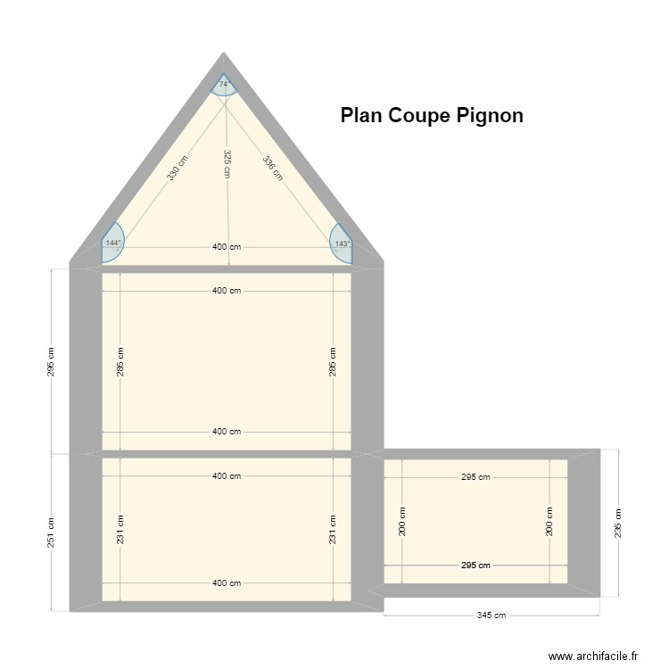 Coupe Pignon. Plan de 4 pièces et 33 m2