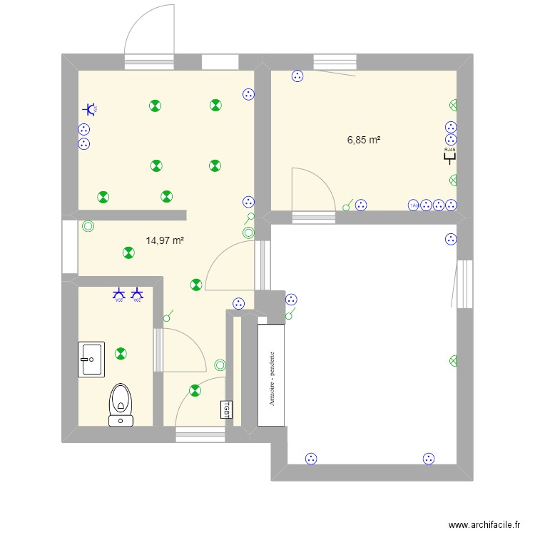 ELECTRICITE CUISINE CHAMBRES. Plan de 2 pièces et 22 m2