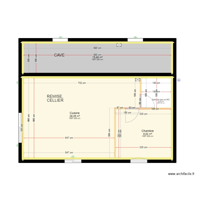 RdC murs et pièces. Plan de 4 pièces et 58 m2