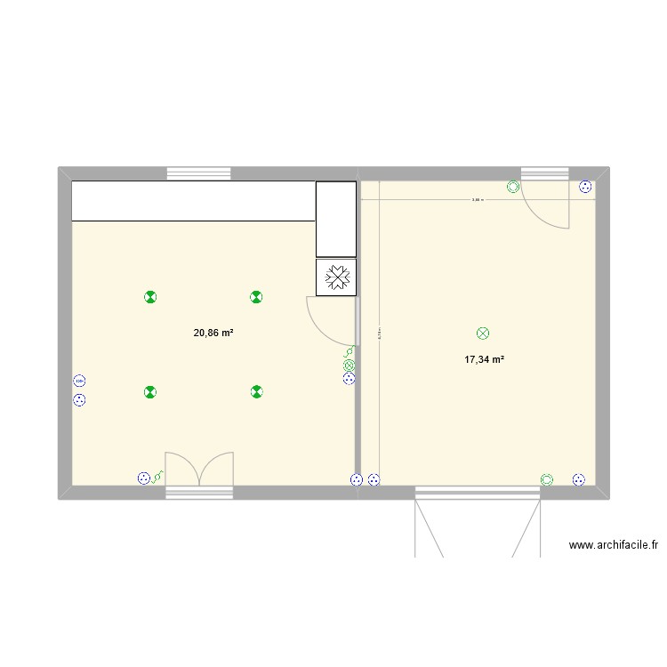 Implentation électricité. Plan de 2 pièces et 38 m2