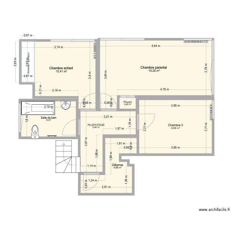 Paris 19 ETG. Plan de 7 pièces et 52 m2