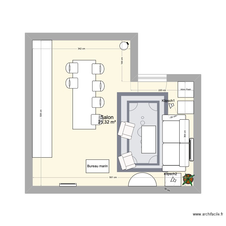 Salon Fives état projeté. Plan de 1 pièce et 25 m2