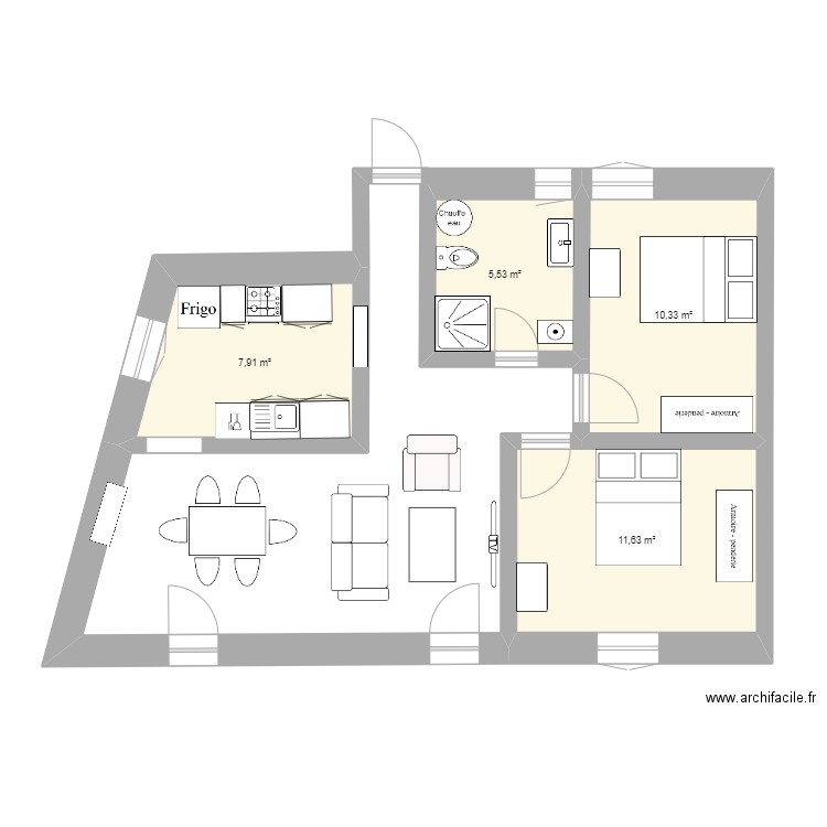 Les GRANGES rdc. Plan de 4 pièces et 35 m2