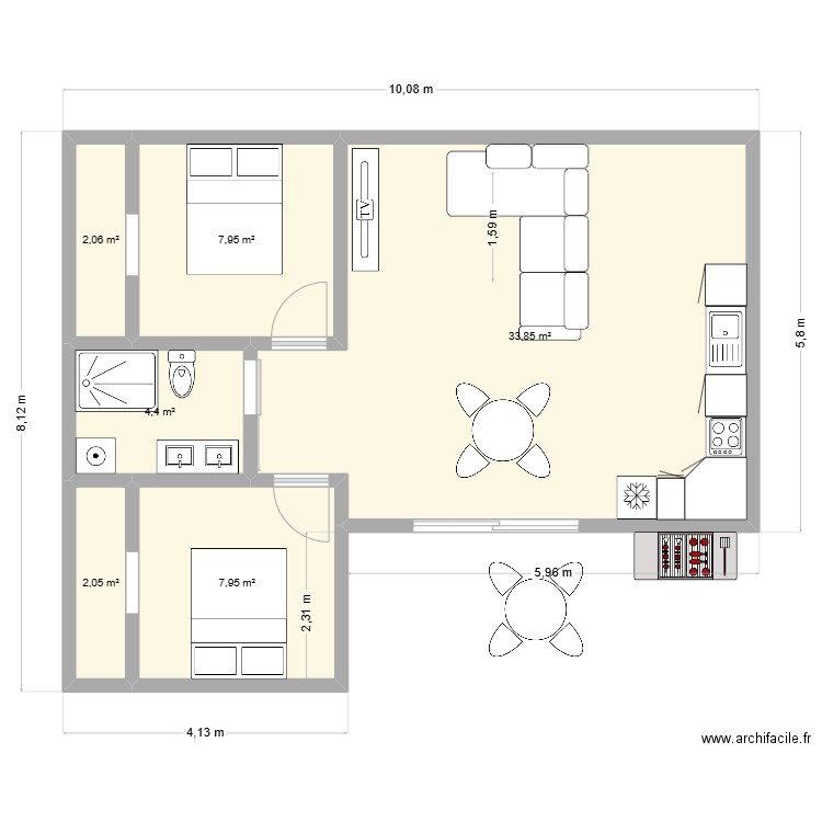 Maison 60 m². Plan de 6 pièces et 58 m2