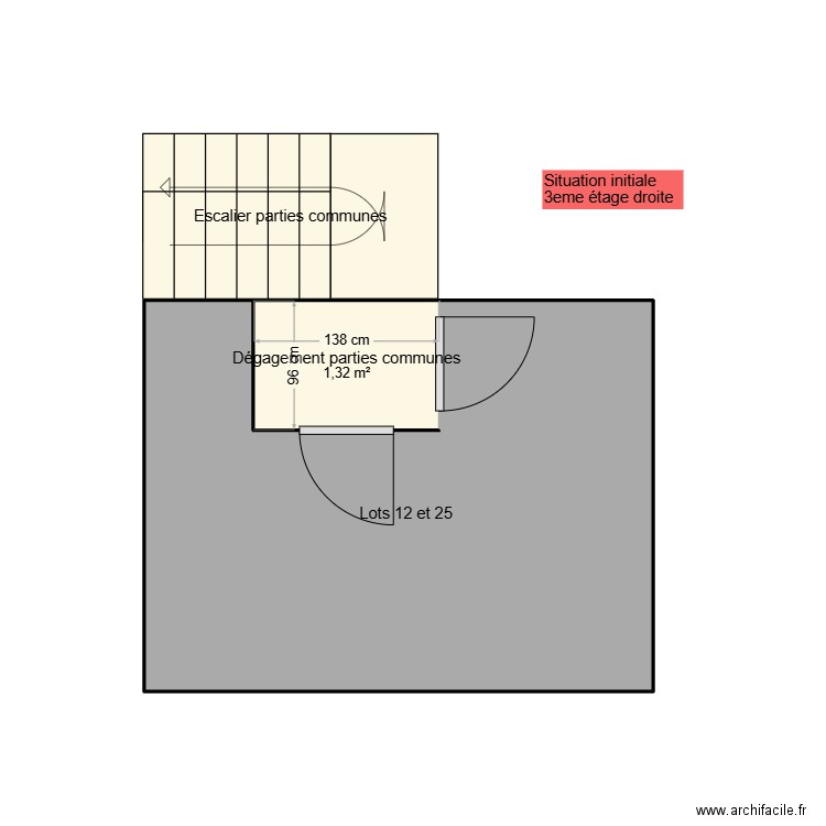 Situation initiale 3eme étage avant annexion pc. Plan de 2 pièces et 11 m2