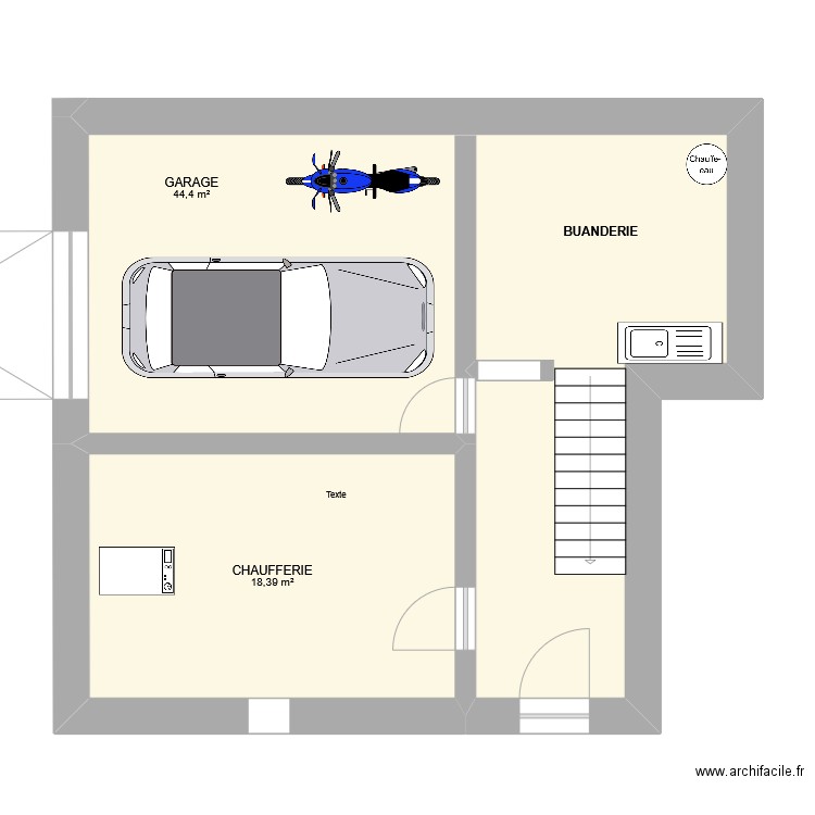 Rez de jardin. Plan de 2 pièces et 63 m2