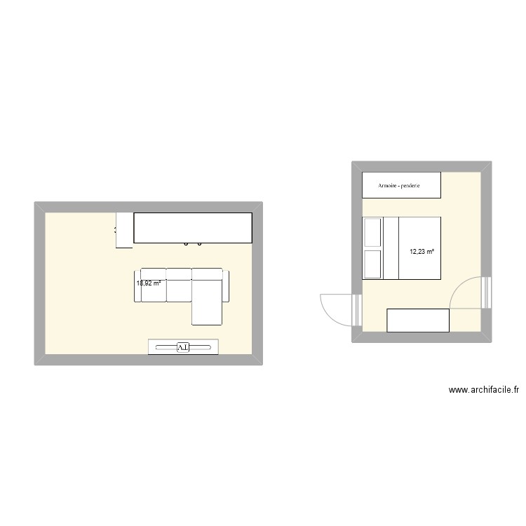 Chambre. Plan de 2 pièces et 31 m2