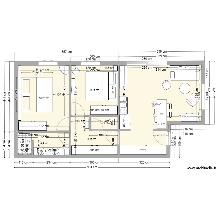 Appt Entrep V11. Plan de 6 pièces et 58 m2