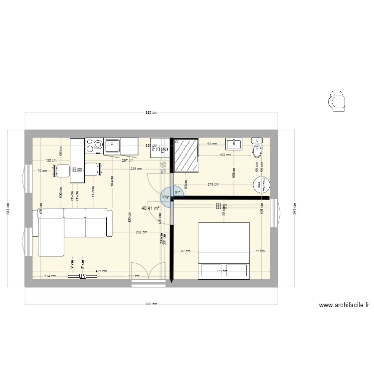 Studio lons 40m2. Plan de 1 pièce et 40 m2