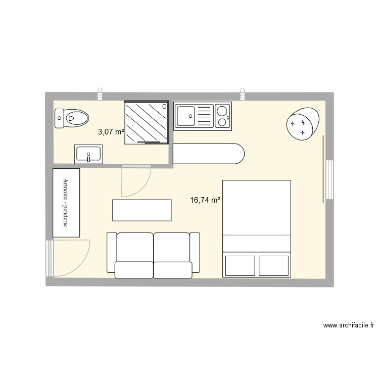 studio 20m2 kotto. Plan de 2 pièces et 20 m2