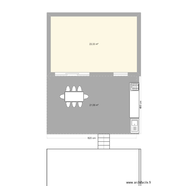 terrasse. Plan de 2 pièces et 44 m2