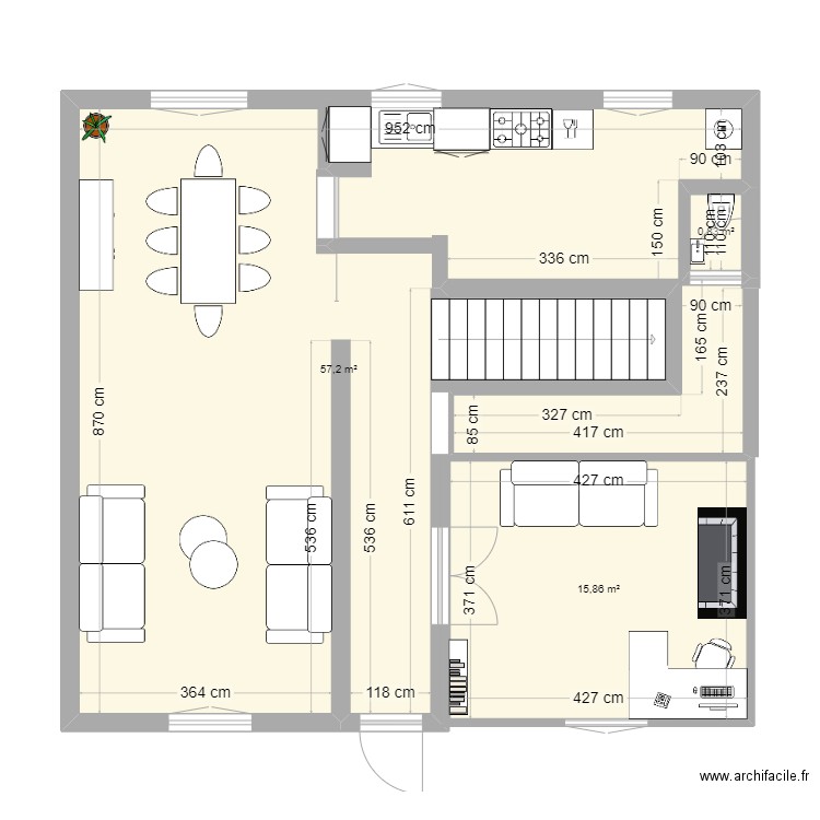 Cuisine initiale. Plan de 3 pièces et 74 m2